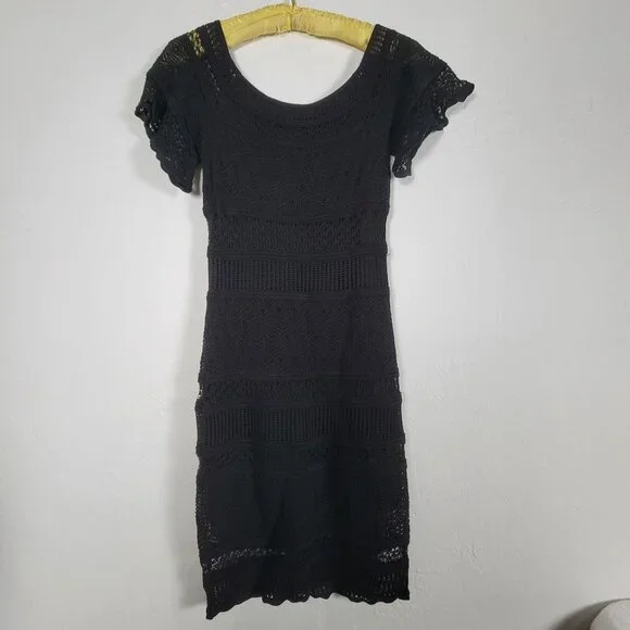 Ronny Kobo Womens Black Lace Knit Short Sleeve Mini Dress Size Medium Scoop Neck - Picture 2 of 9